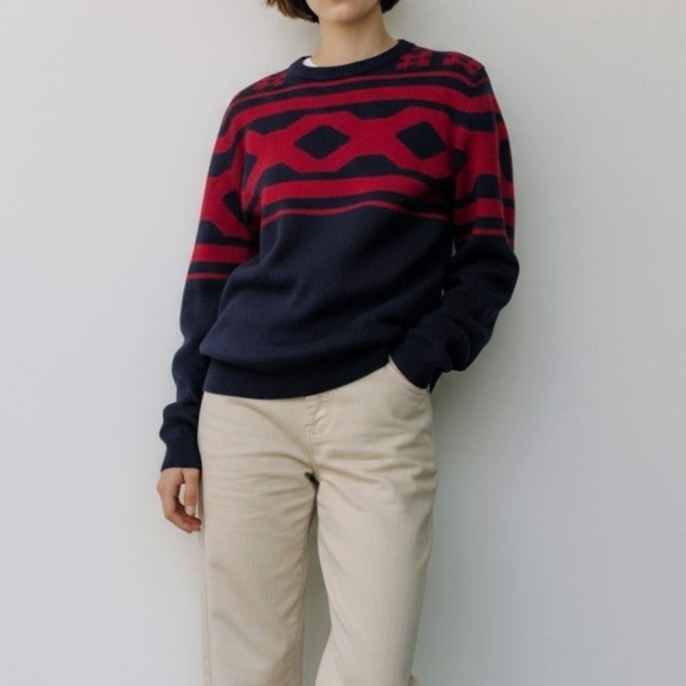 Basement Navy & Burgundy Red Crewneck Sweater Ugly Xmas Sweater Streetwear Men’s